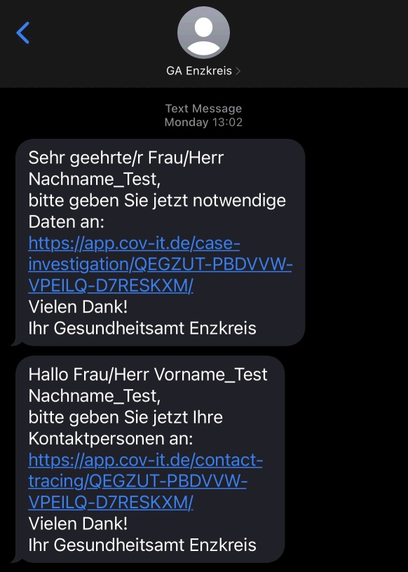 Beispiel Kontaktaufnahme durch Gesundheitsamt per SMS